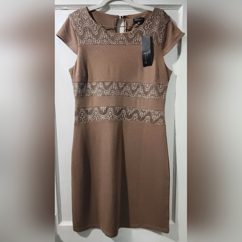 Elegant Tan Lace Detail Mini Dress